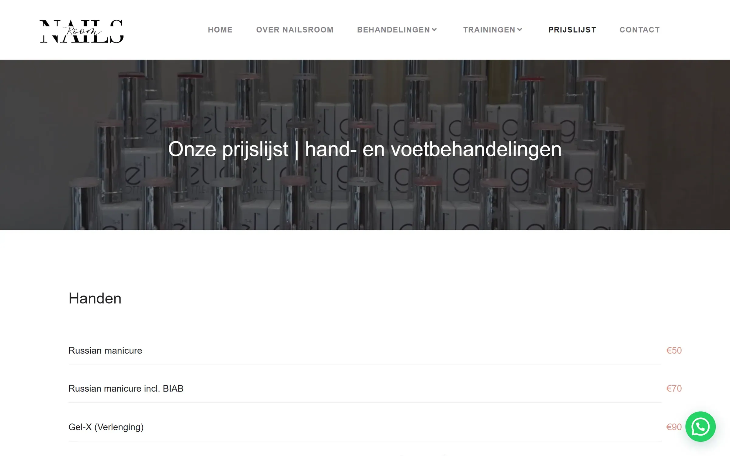 Prijslijst op nailsroom.nl: hand- en voetbehandelingen met tarieven