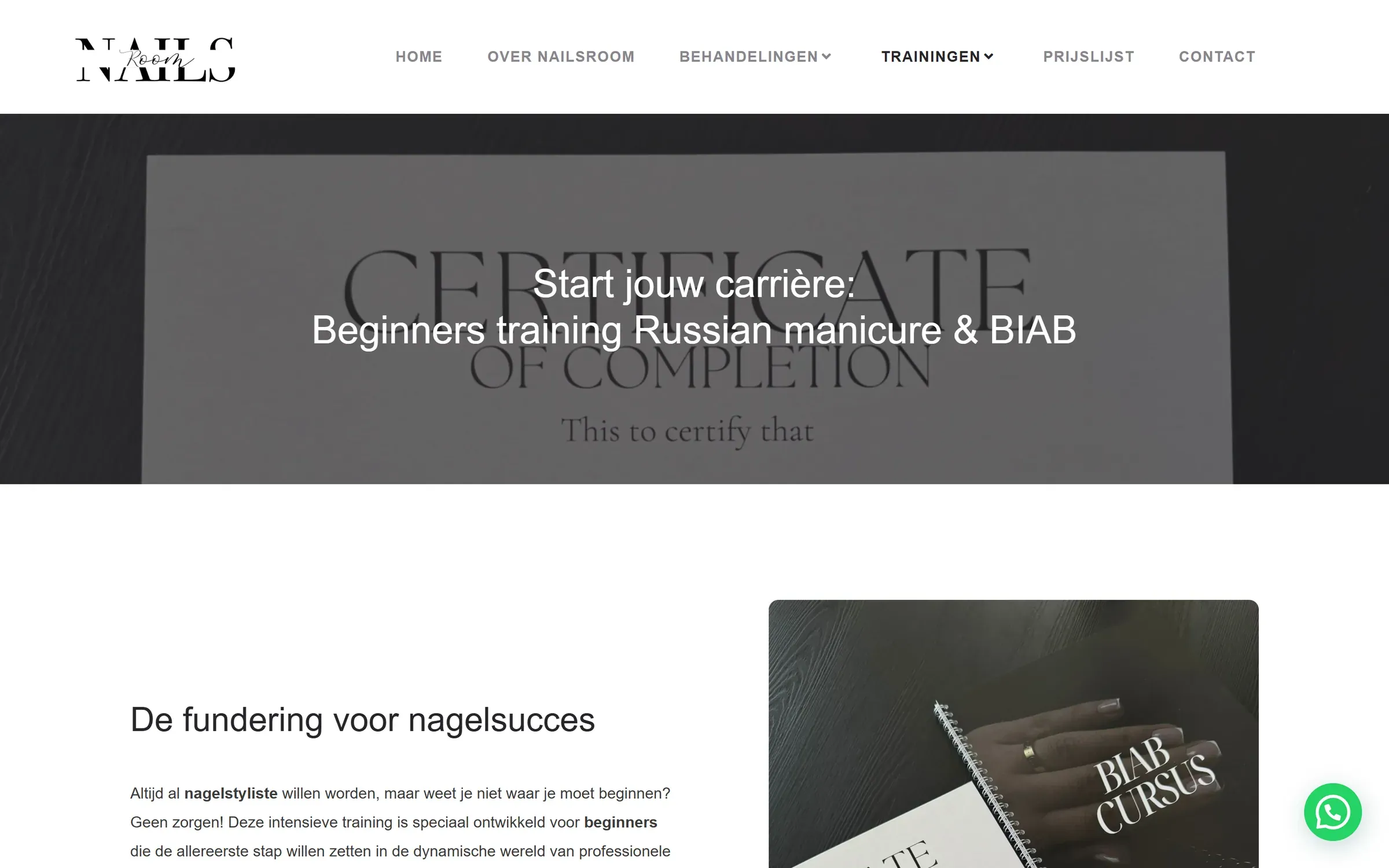 Beginners training op nailsroom.nl: "Start jouw carrière" boven een foto van een certificaat
