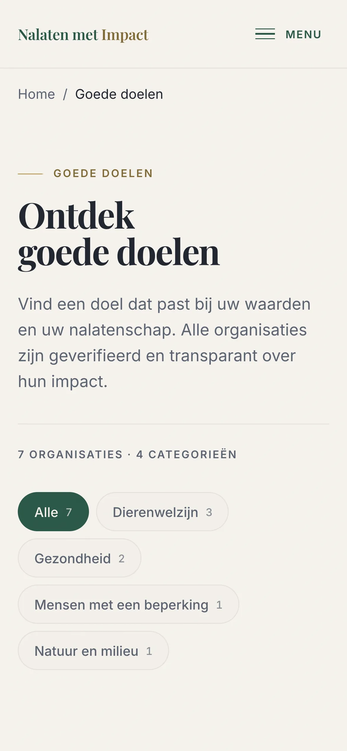De pagina met goede doelen op mobiel, met filters per categorie