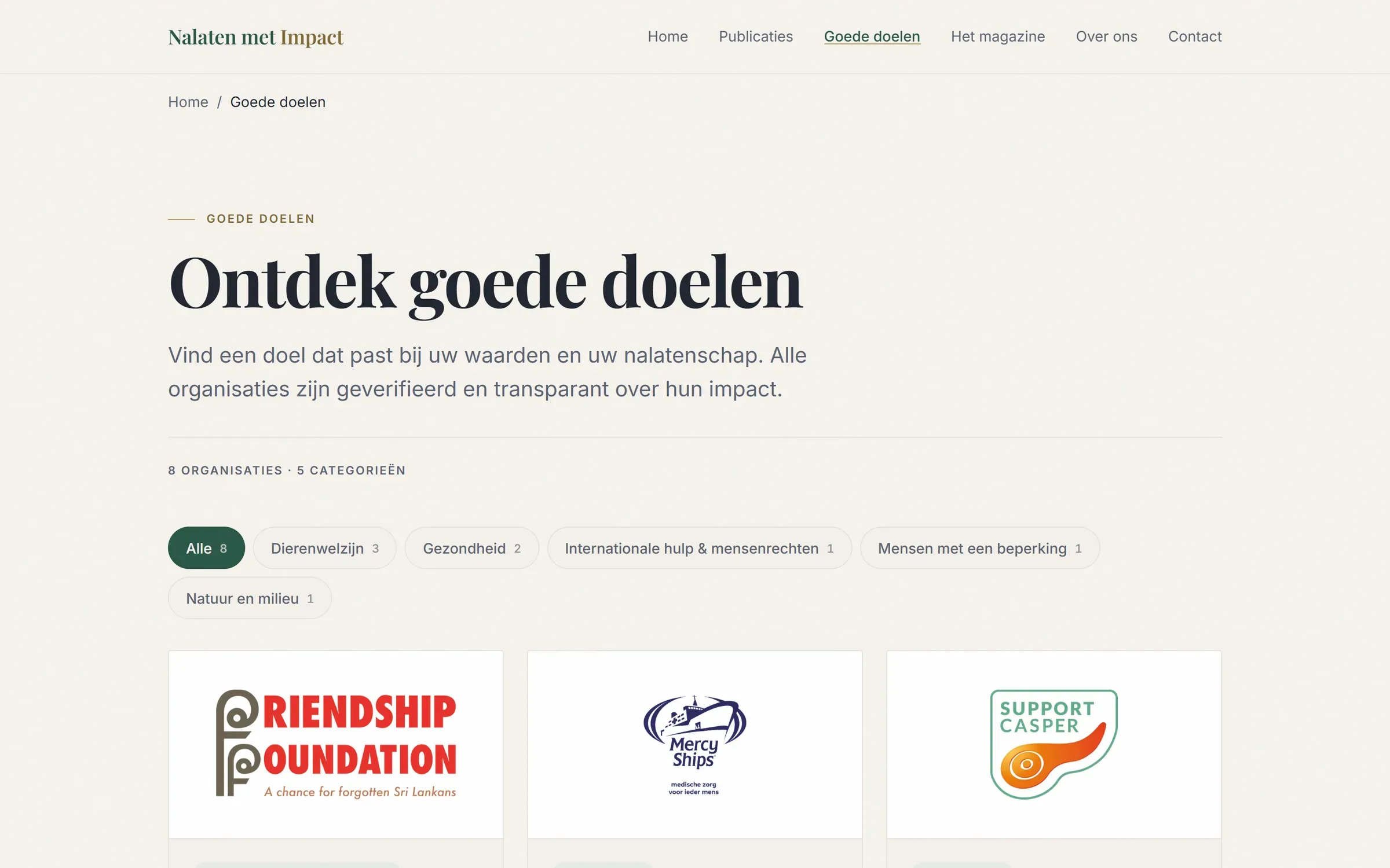 Goede doelen op nalatenmetimpact.nl: filters per categorie met aantallen en logo’s van organisaties