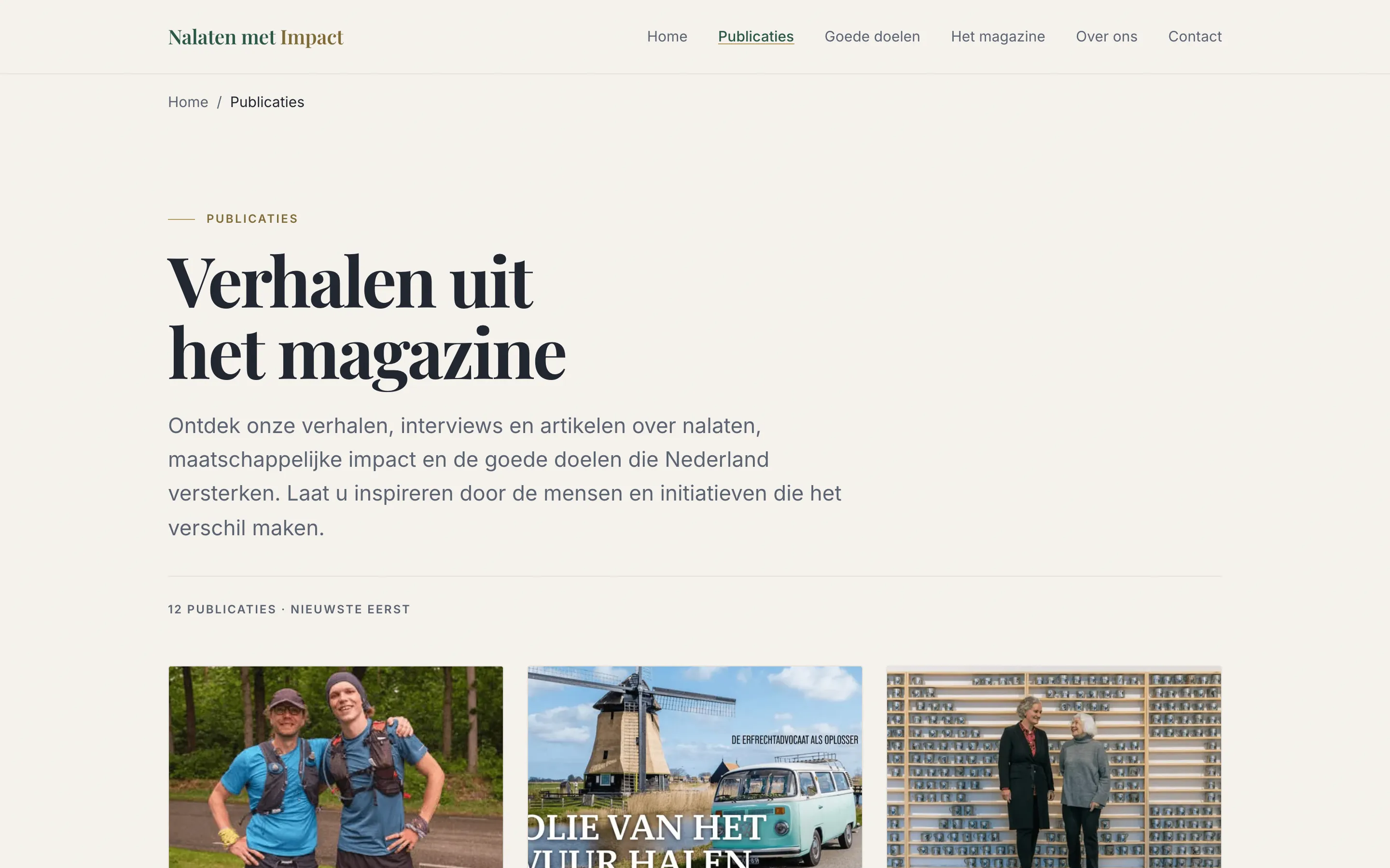 Het publicatieoverzicht van Nalaten met Impact met de verhalen in een raster