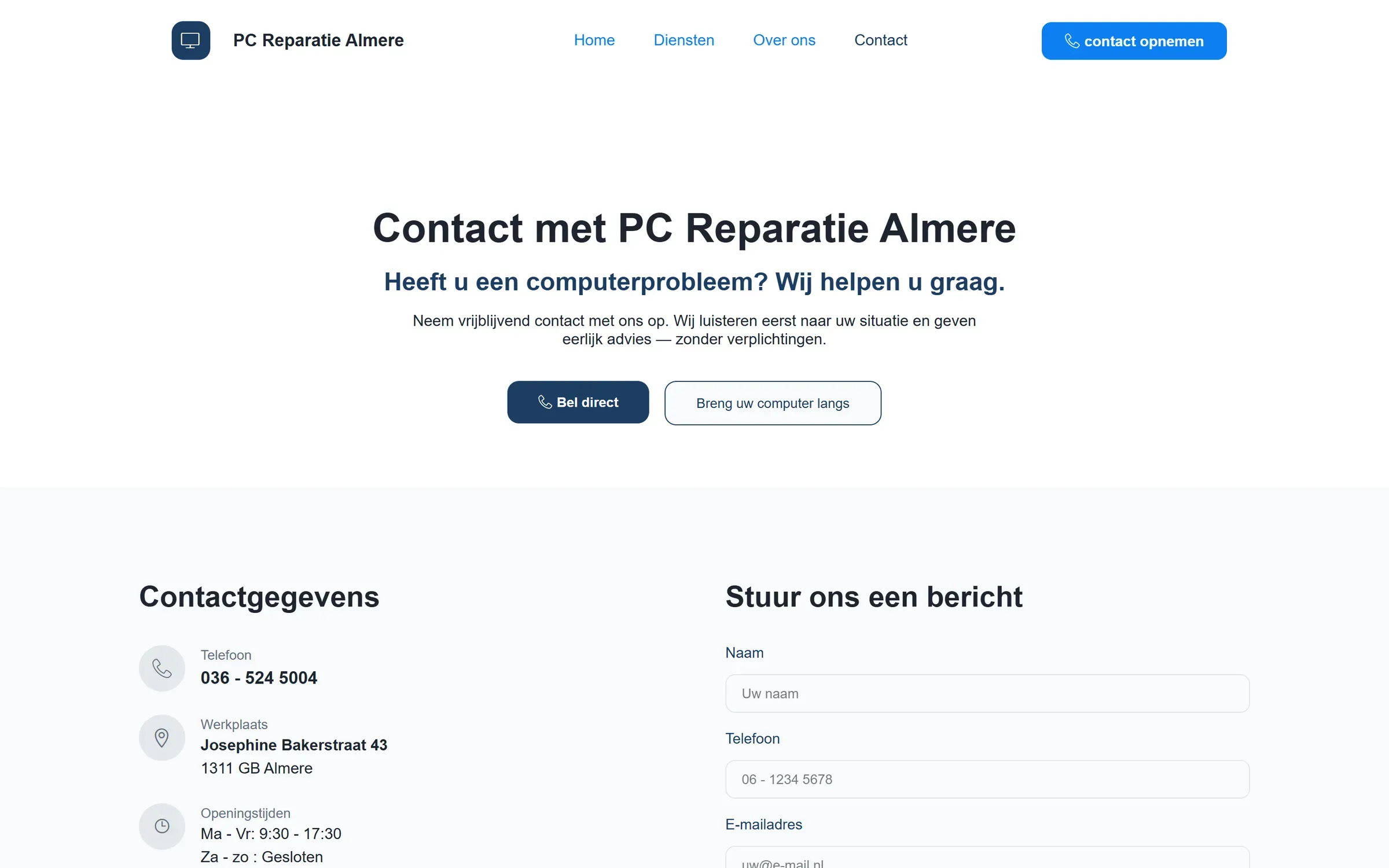 Contact op pc-reparatie-almere.nl: telefoon, adres, openingstijden en een formulier