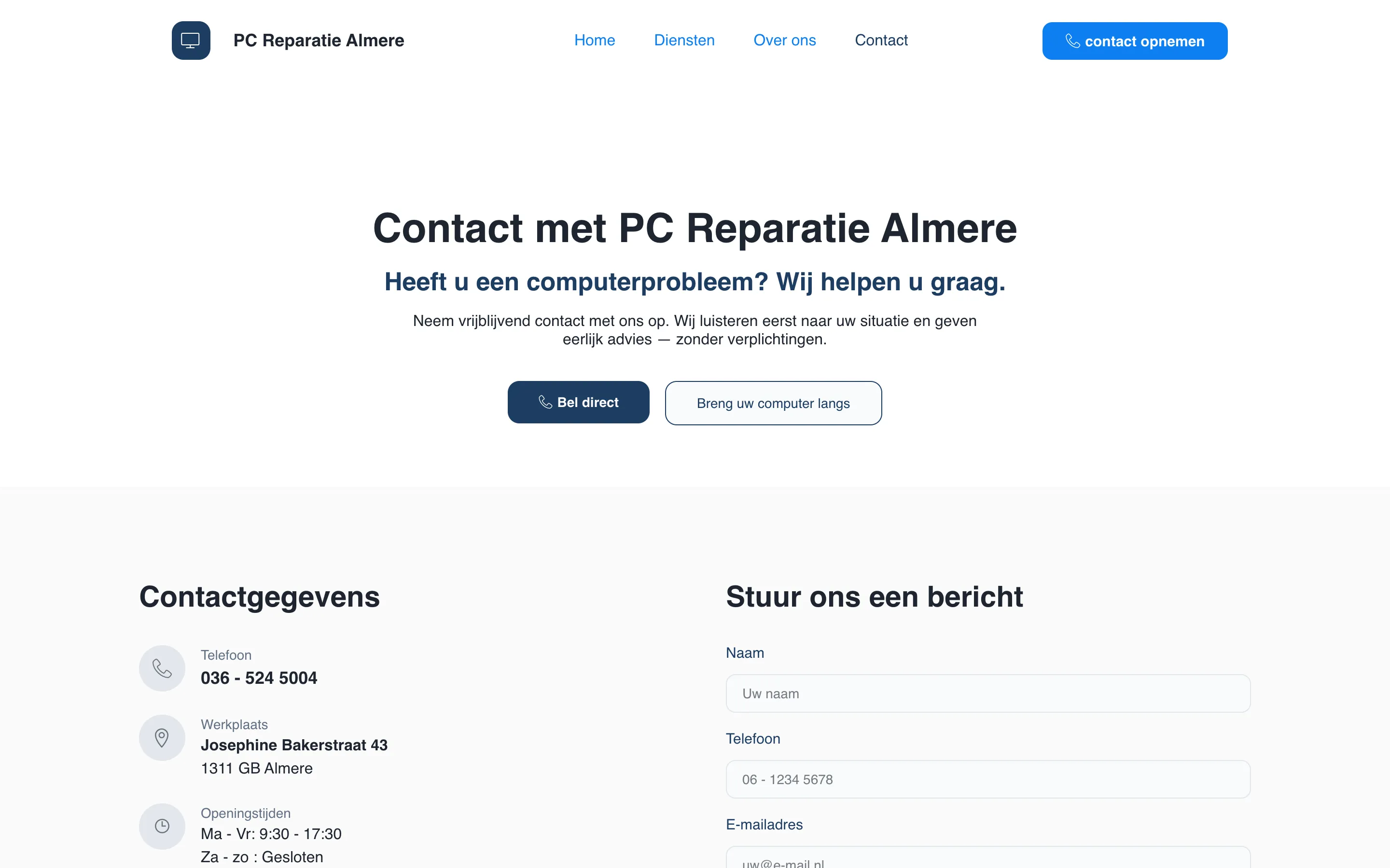 De contactpagina met adres, telefoonnummer en openingstijden