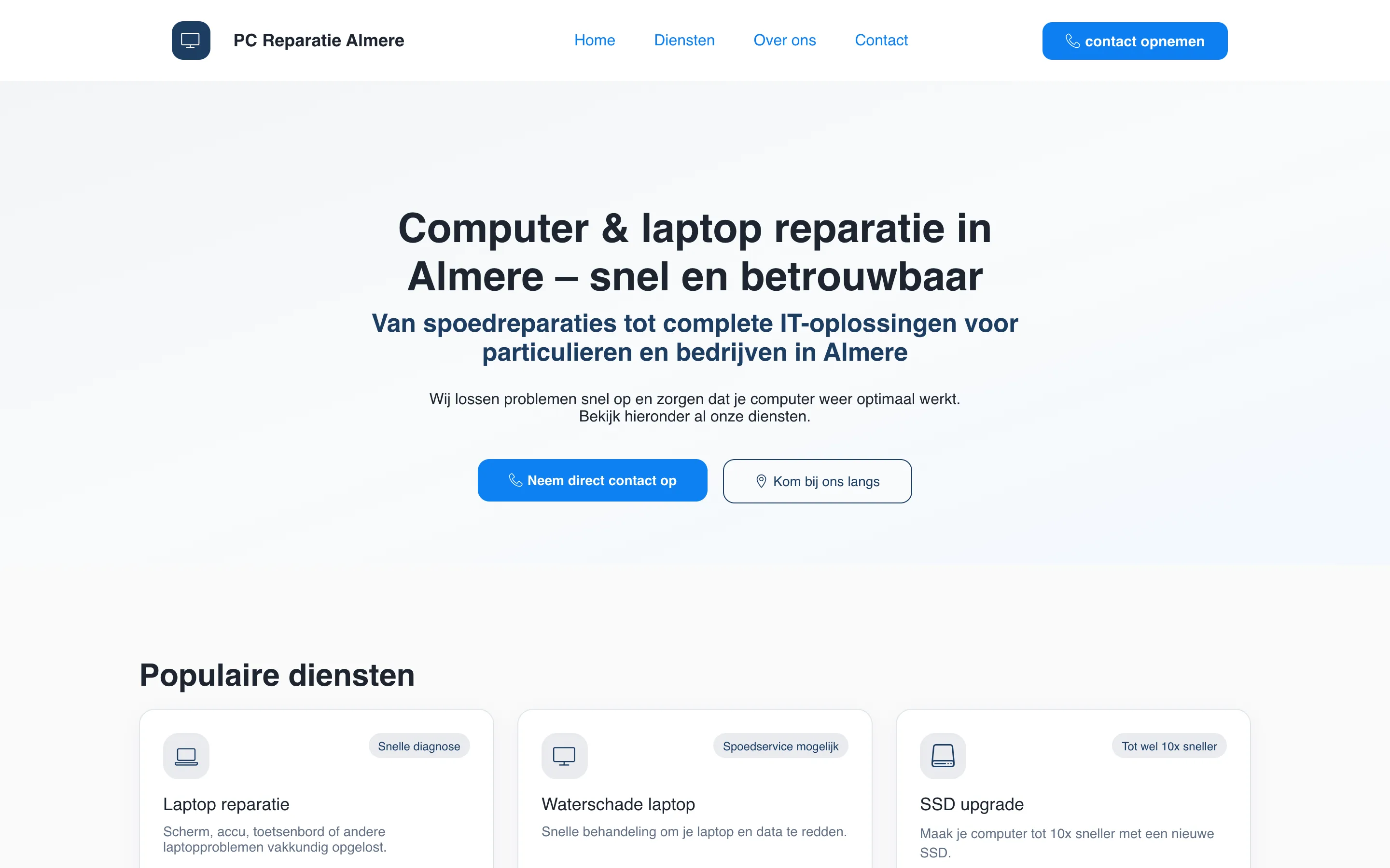 De dienstenpagina van PC Reparatie Almere met de reparaties op een rij