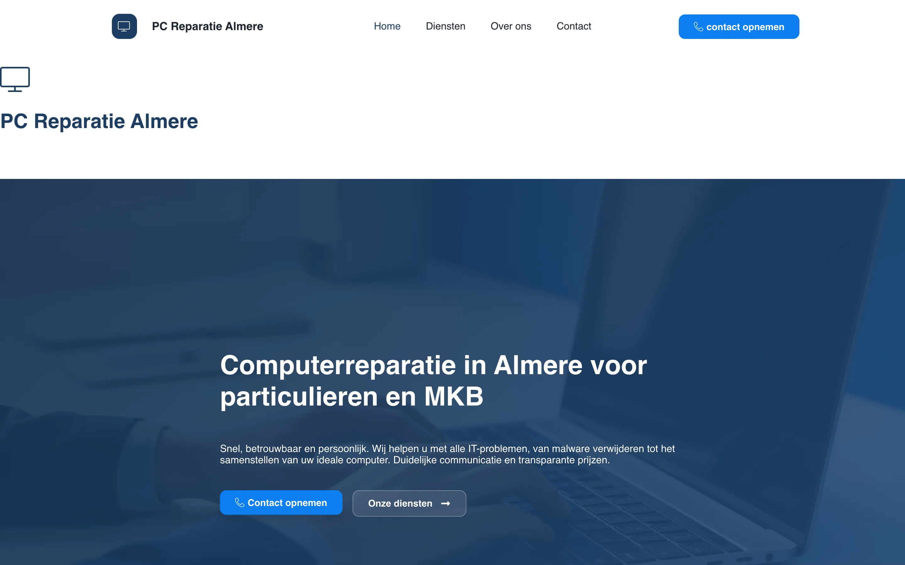 De website die RVD Webdesign maakte voor PC Reparatie Almere