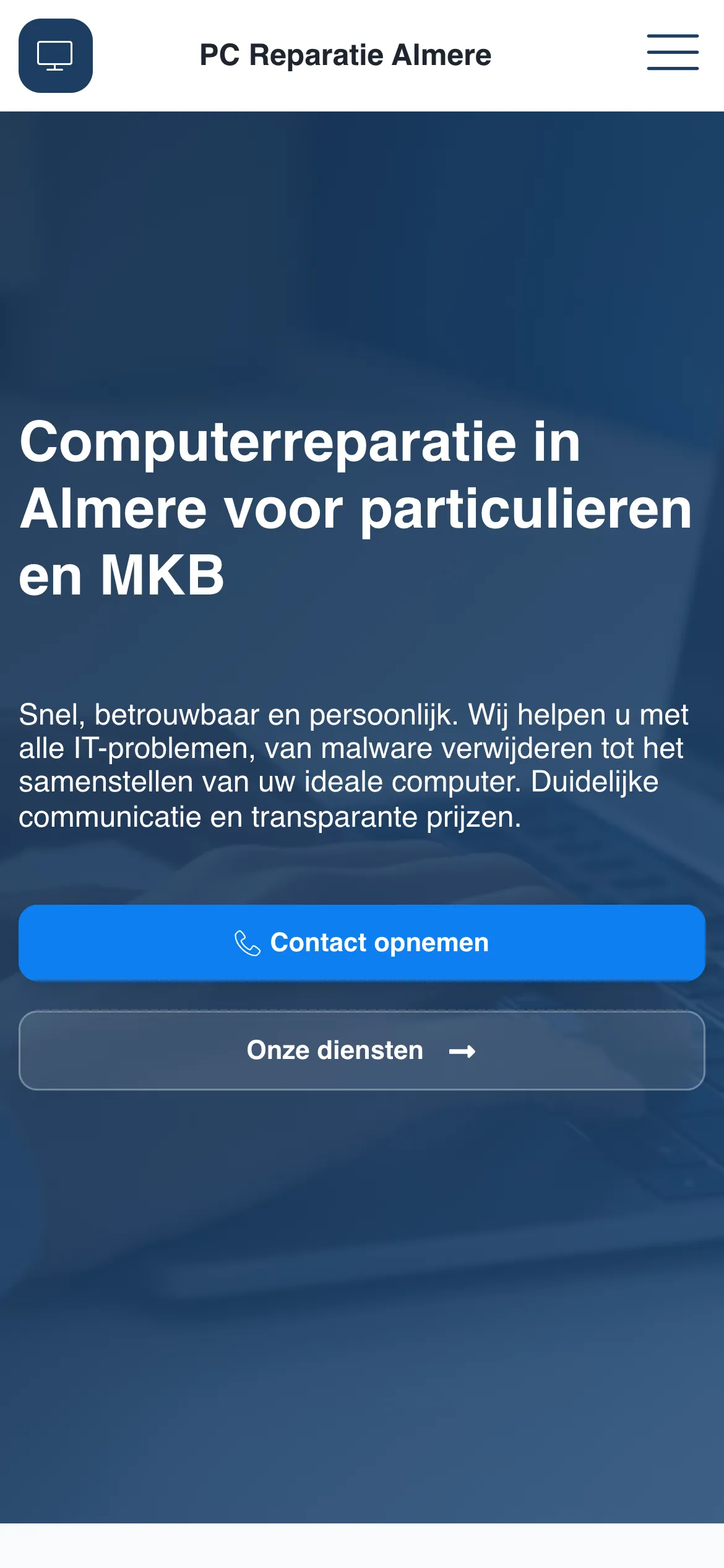 De website op mobiel, met het telefoonnummer direct in beeld