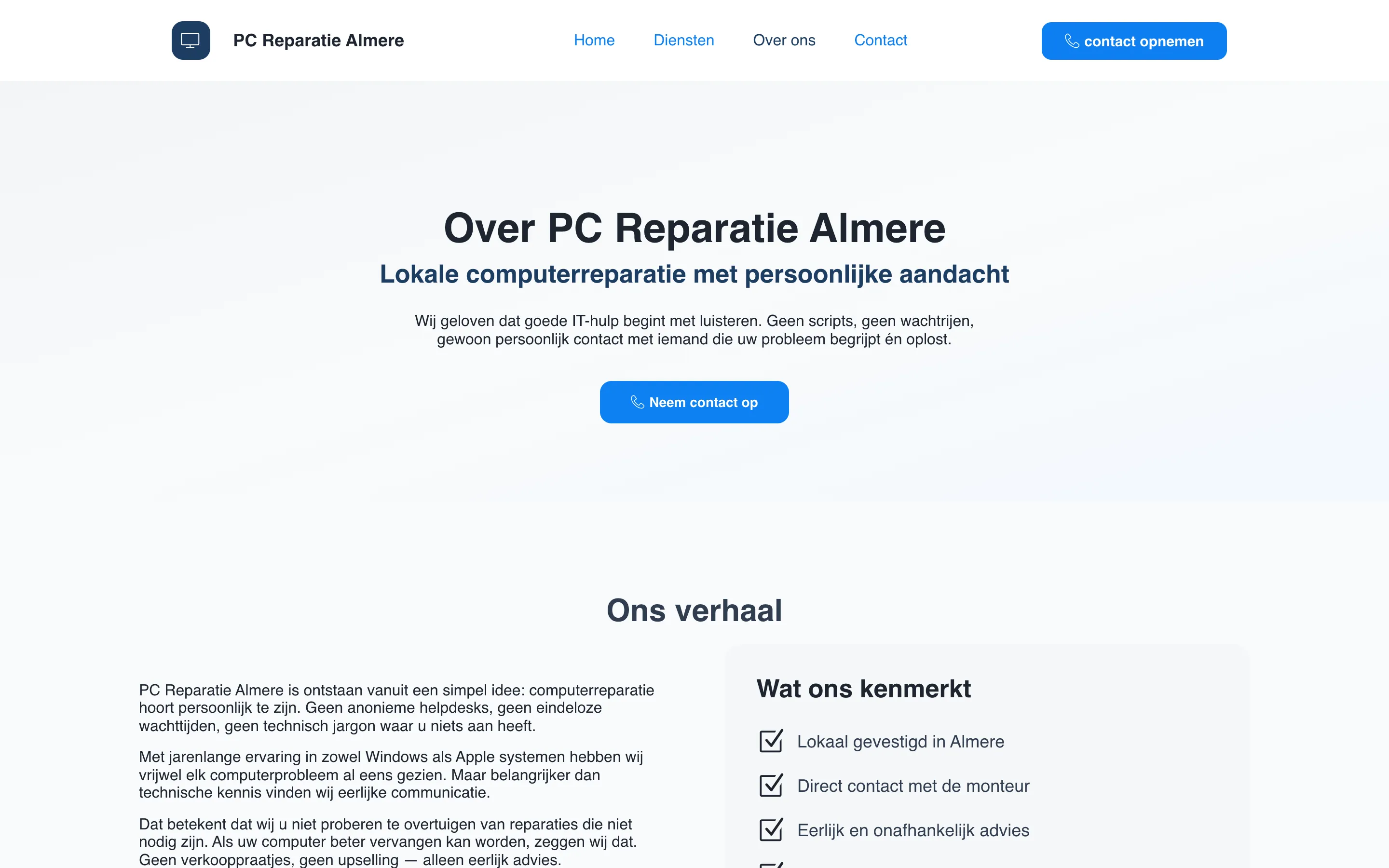 De over-onspagina van PC Reparatie Almere