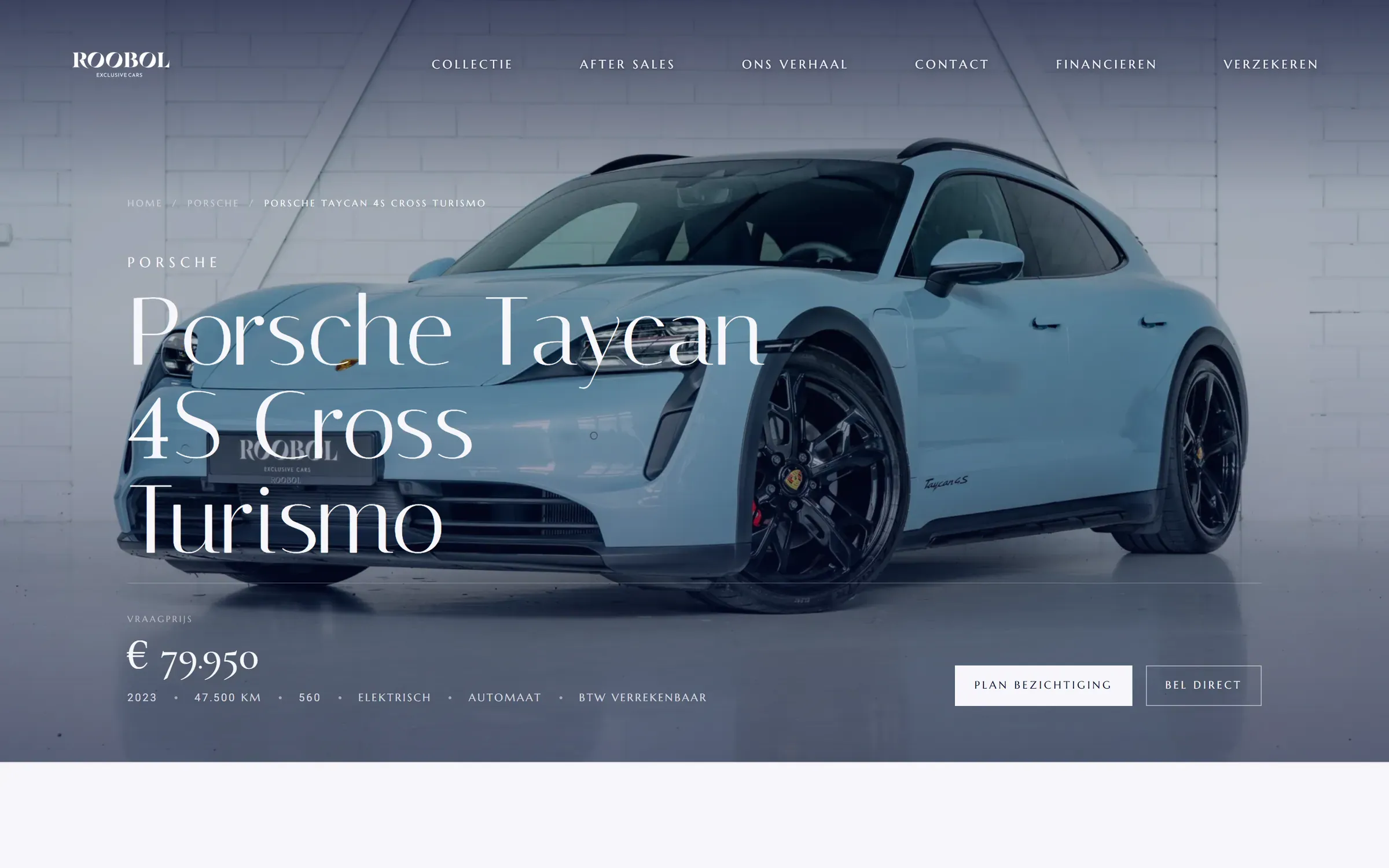 Autopagina op roobolexclusivecars.nl: Porsche Taycan 4S Cross Turismo met vraagprijs, kerngegevens en de knoppen Plan bezichtiging en Bel direct