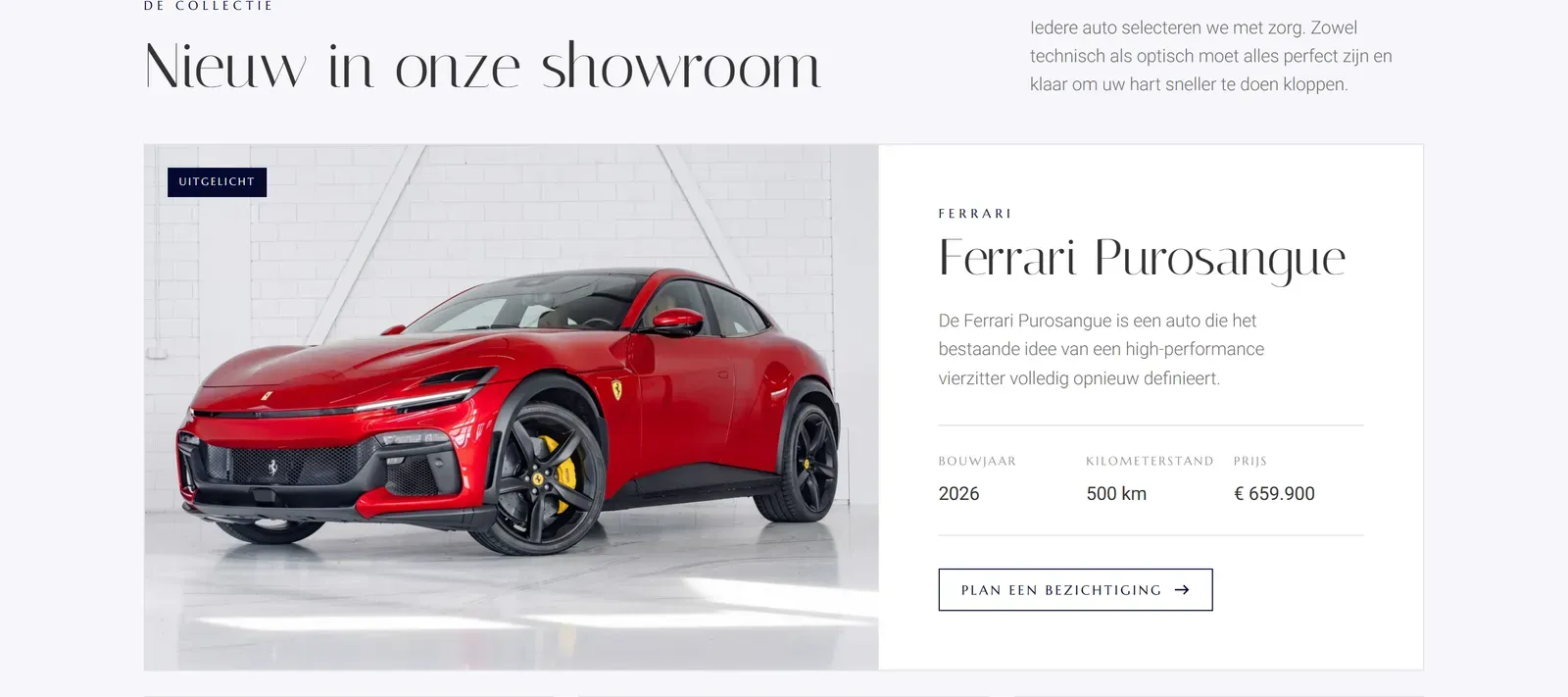 Nieuw in onze showroom op roobolexclusivecars.nl: een uitgelichte Ferrari Purosangue met bouwjaar, kilometerstand en prijs