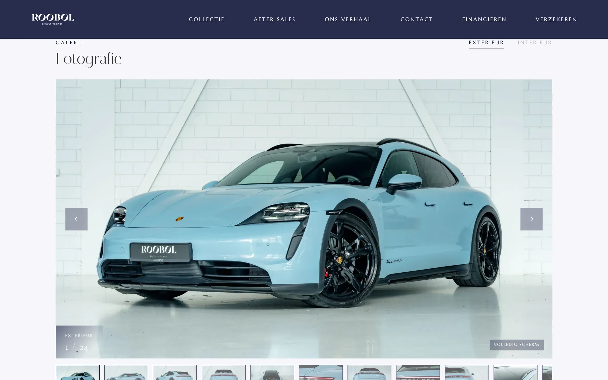 Fotogalerij op een autopagina van roobolexclusivecars.nl: tabbladen exterieur en interieur, bladerknoppen, miniaturen en volledig scherm