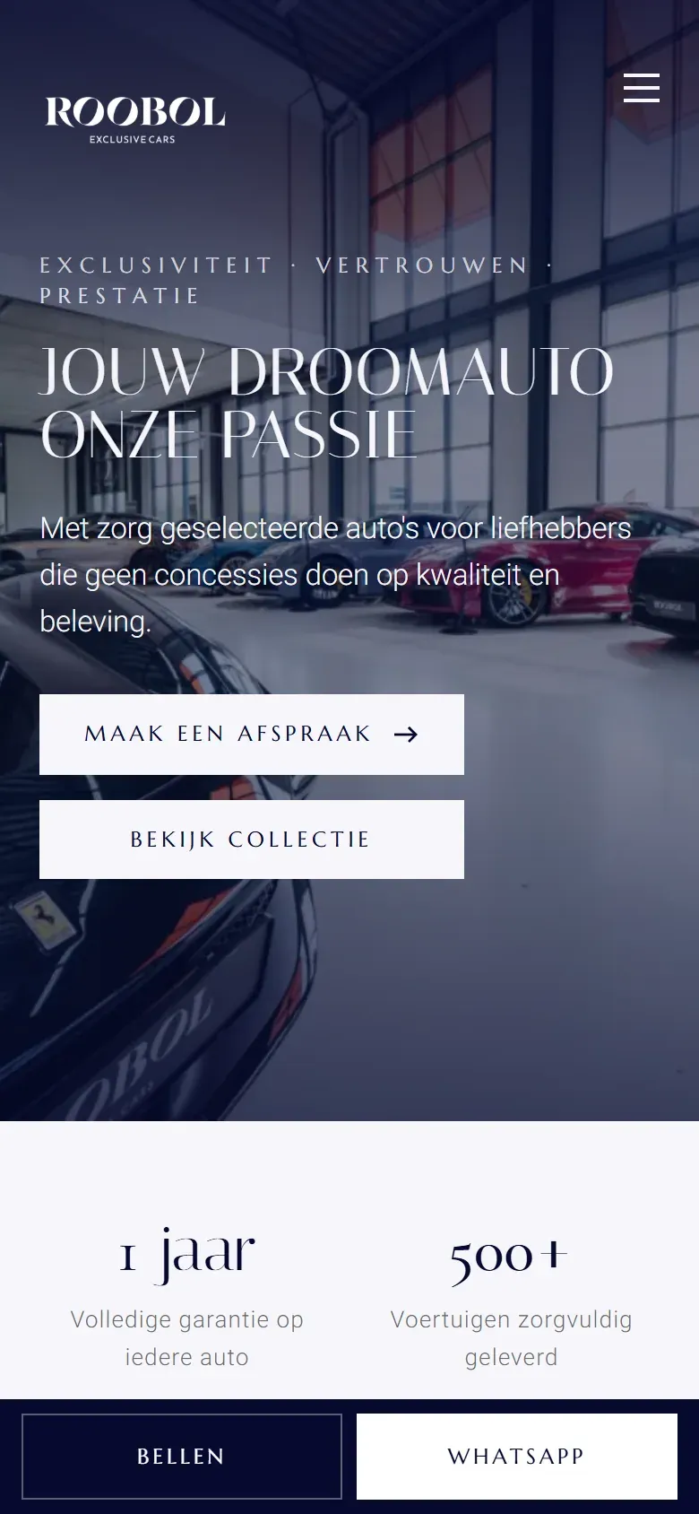 De homepage van roobolexclusivecars.nl op een telefoon, met onderin de knoppen Bellen en WhatsApp