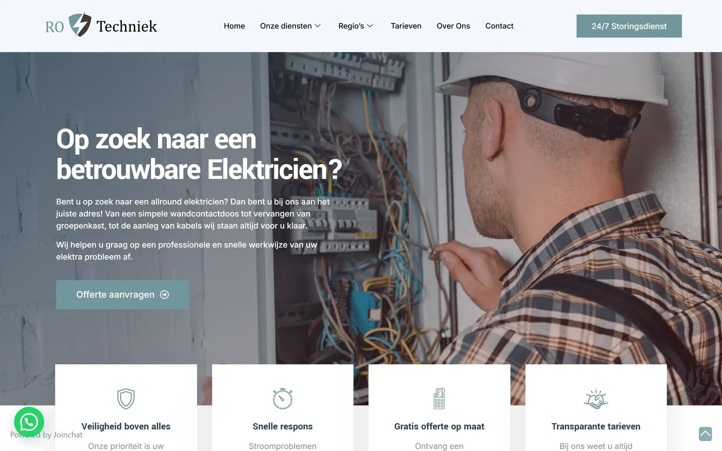 De homepage van rotechniek.nl: kop "Op zoek naar een betrouwbare elektricien?" met een foto van een monteur