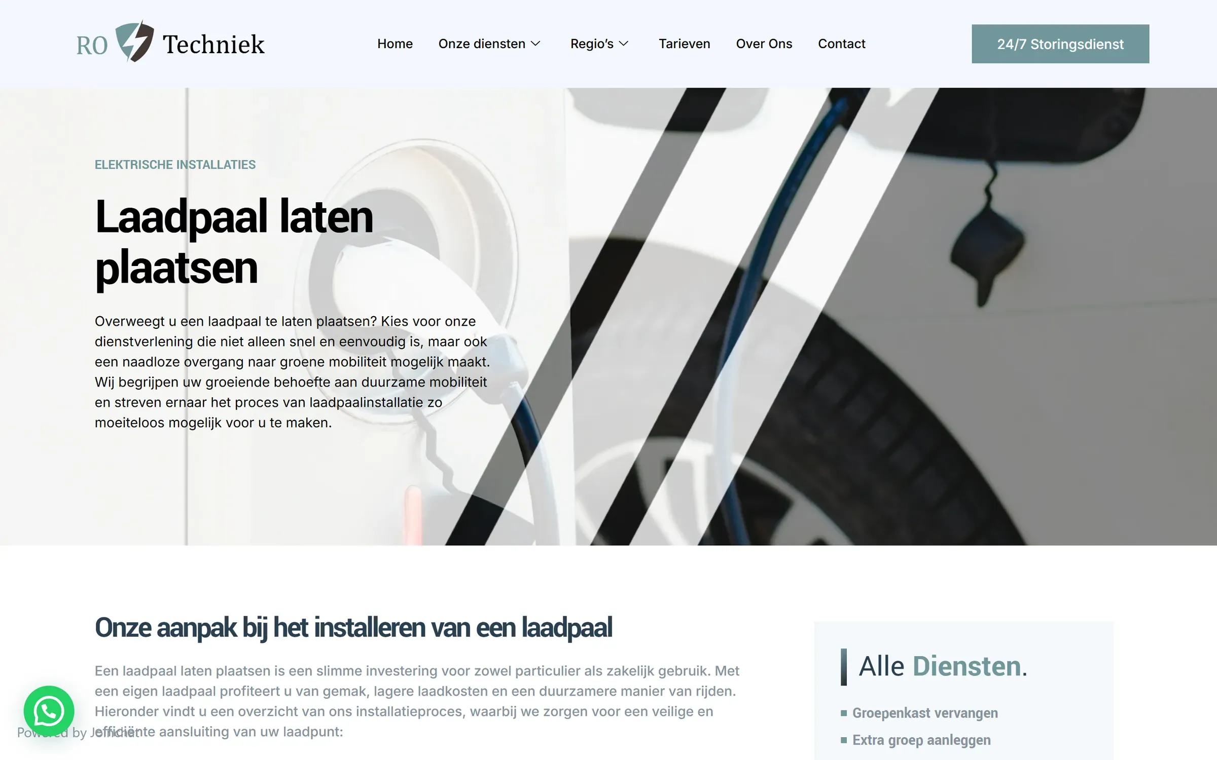 Laadpaal laten plaatsen op rotechniek.nl: uitleg van de aanpak met rechts het dienstenoverzicht