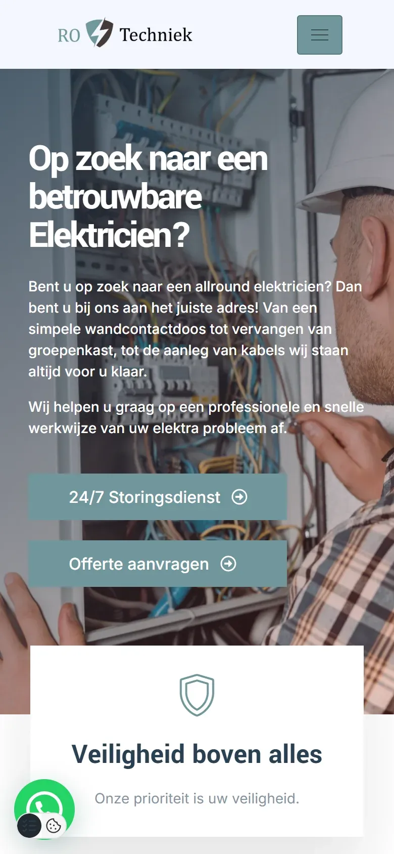 De homepage van rotechniek.nl op een telefoon, met de knop voor de storingsdienst