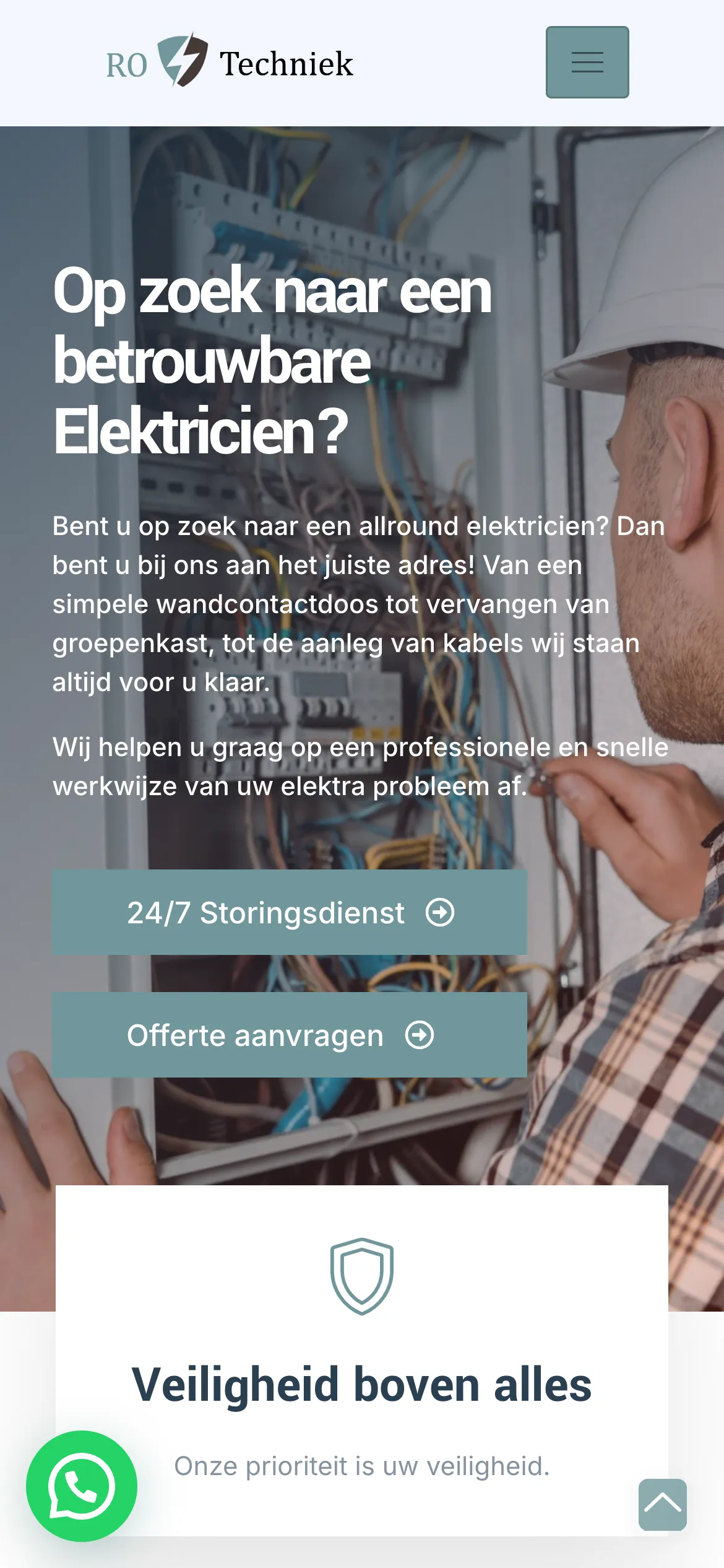De homepage van RO Techniek op mobiel