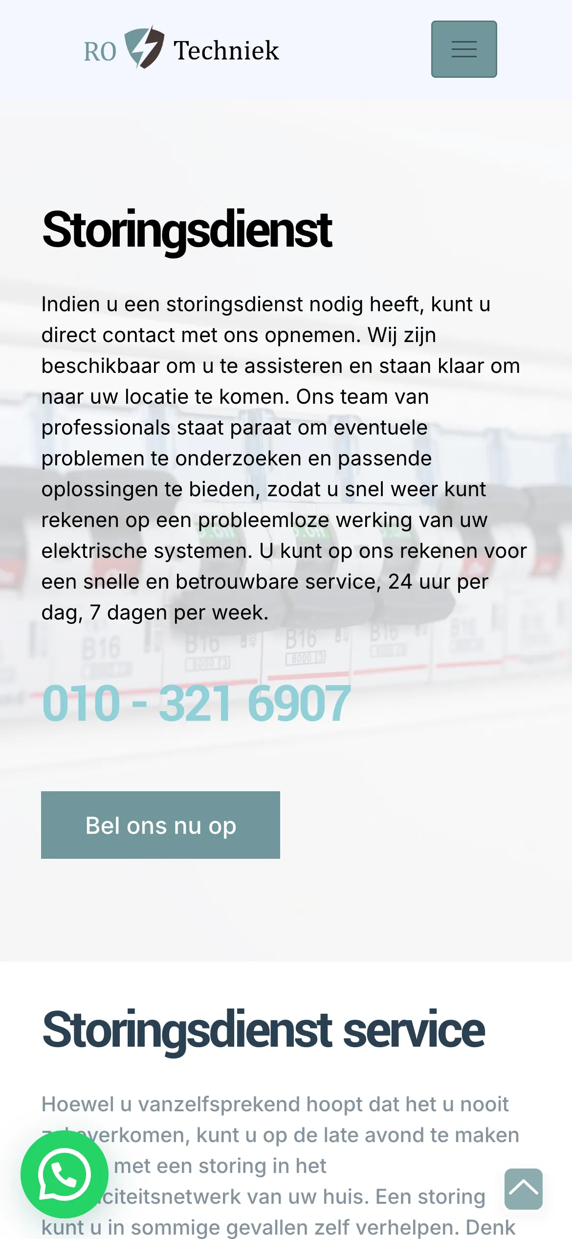 De storingsdienstpagina van RO Techniek op mobiel
