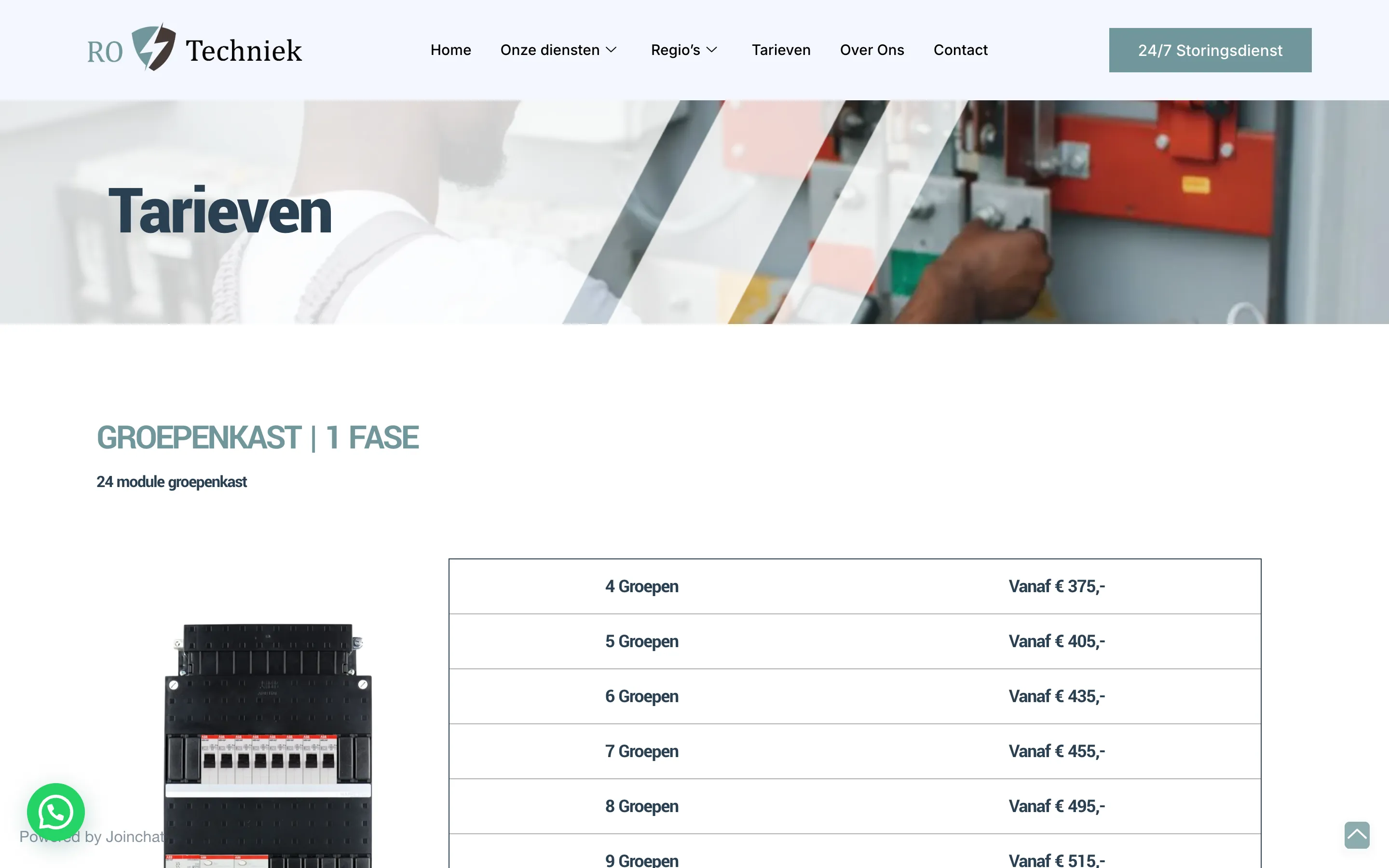 De tarievenpagina van RO Techniek met richtprijzen per werkzaamheid